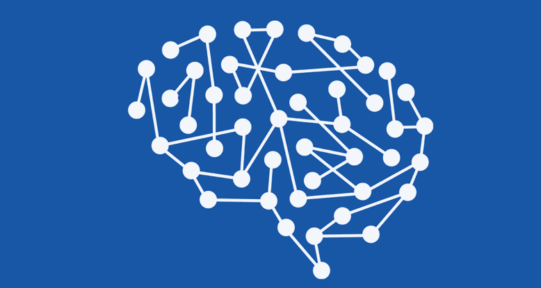 Simple illustration of a brain shape composed of lots of dots with interconnecting lines