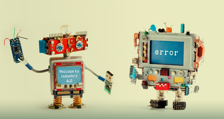 Two small and cute home made robot characters, one with a screen showing the word error