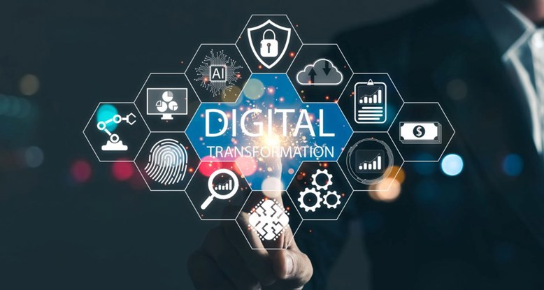 Abstract visual describing the concept of digital transformation with several individual icons within a hexagonal structure