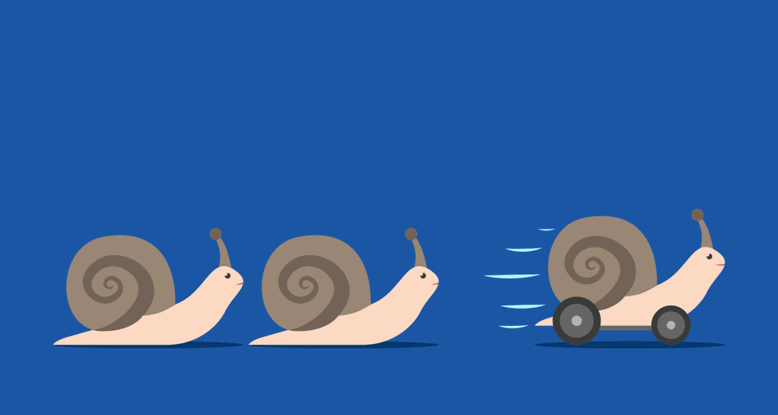 Illustration of three snails, one has wheels and is speeding ahead of the others